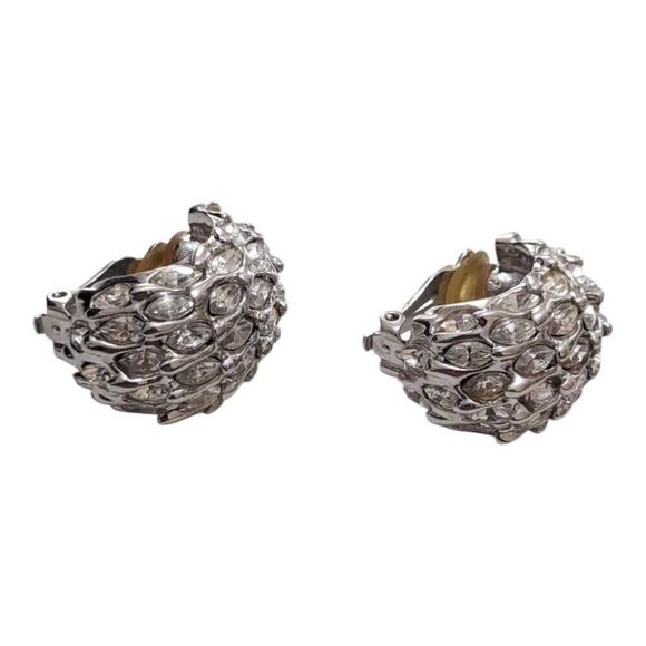 St John Swarovski Clip On Earrings Silver Toned Rhinestones Vintage Signed - Picture 2 of 5